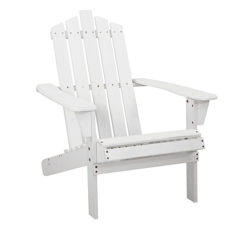 Gardeon Outdoor Sun Lounge Beach Chairs in white, featuring a classic Adirondack design with wide armrests and a high back, set in a beautiful outdoor environment.