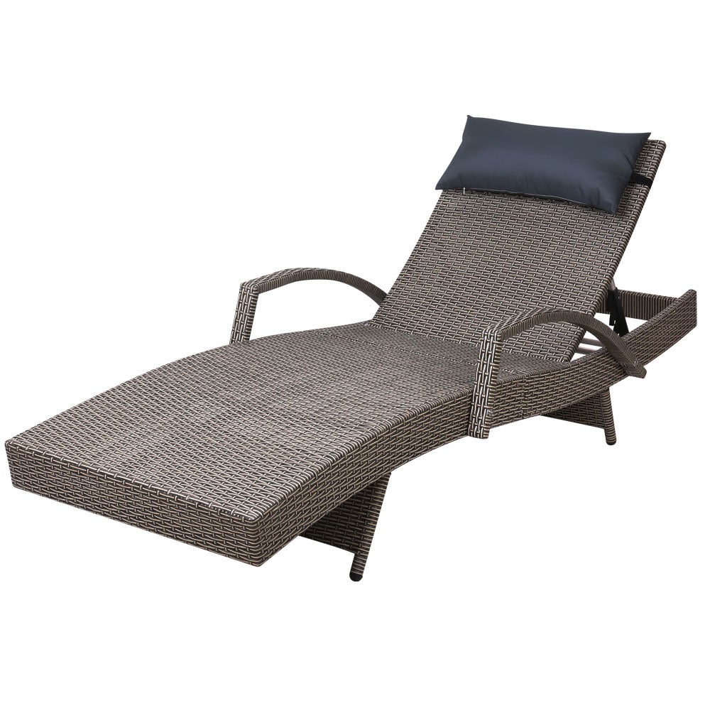 Gardeon Outdoor Sun Lounge Furniture Day Bed with wicker design and grey all-weather pillow, perfect for garden or poolside relaxation.