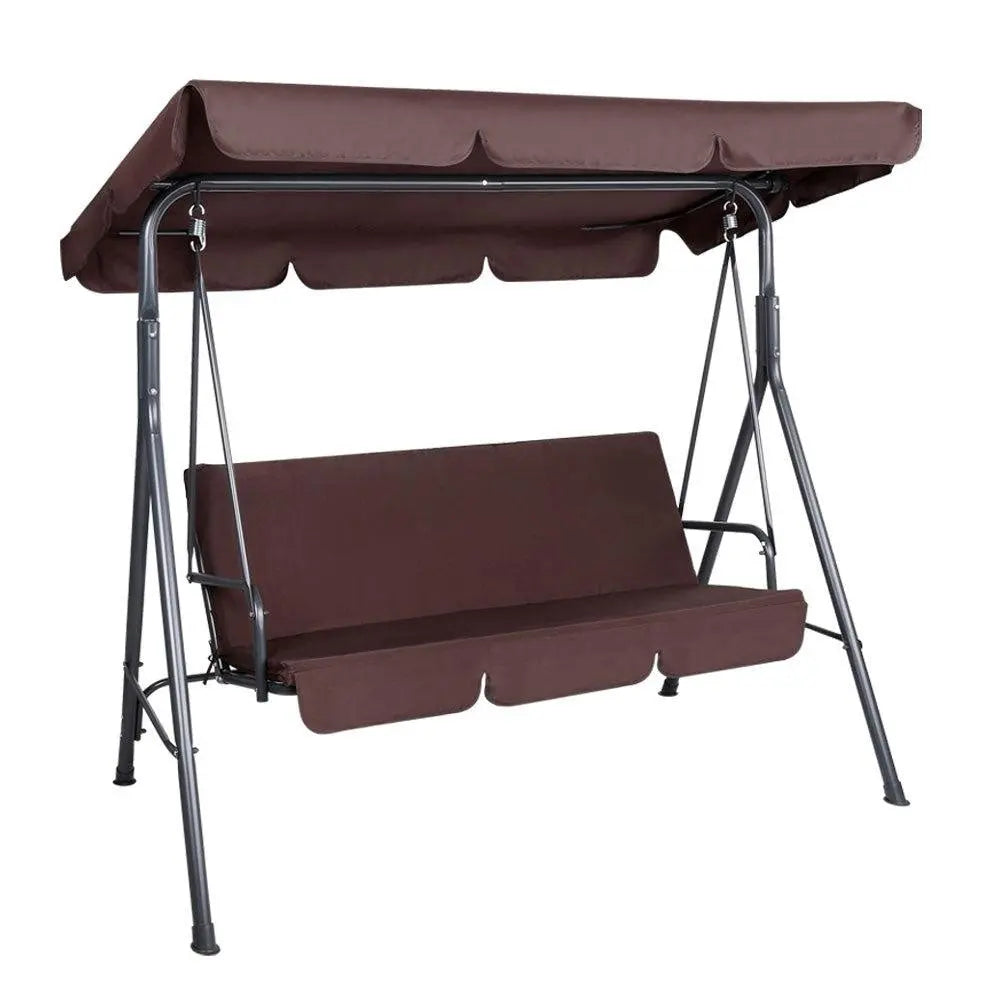 Gardeon Outdoor Swing Chair Hammock with a dark brown powder-coated steel frame and a water-resistant canopy, comfortably seating three adults.