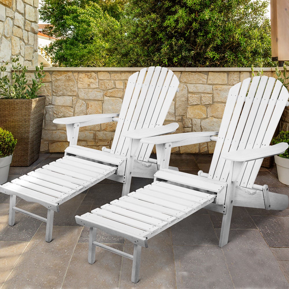 Gardeon Set of 2 Outdoor Sun Lounge Chairs in classic Adirondack style, featuring a matching footstool, made from durable Hemlock wood.