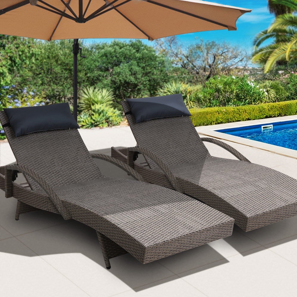 Gardeon Set of 2 Sun Lounge Outdoor Furniture featuring stylish wicker design and adjustable armrests, perfect for outdoor relaxation.