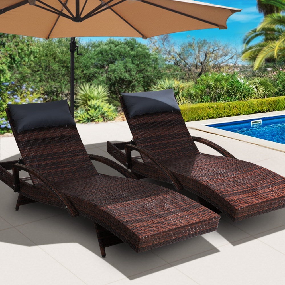 Gardeon Set of 2 Sun Lounge Outdoor Furniture featuring stylish wicker design and adjustable armrests, perfect for outdoor relaxation.