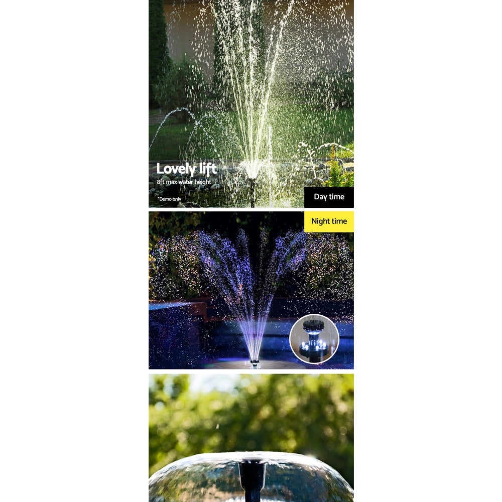 Gardeon Solar Pond Pump with LED lights, showcasing a beautiful water display in a garden setting.