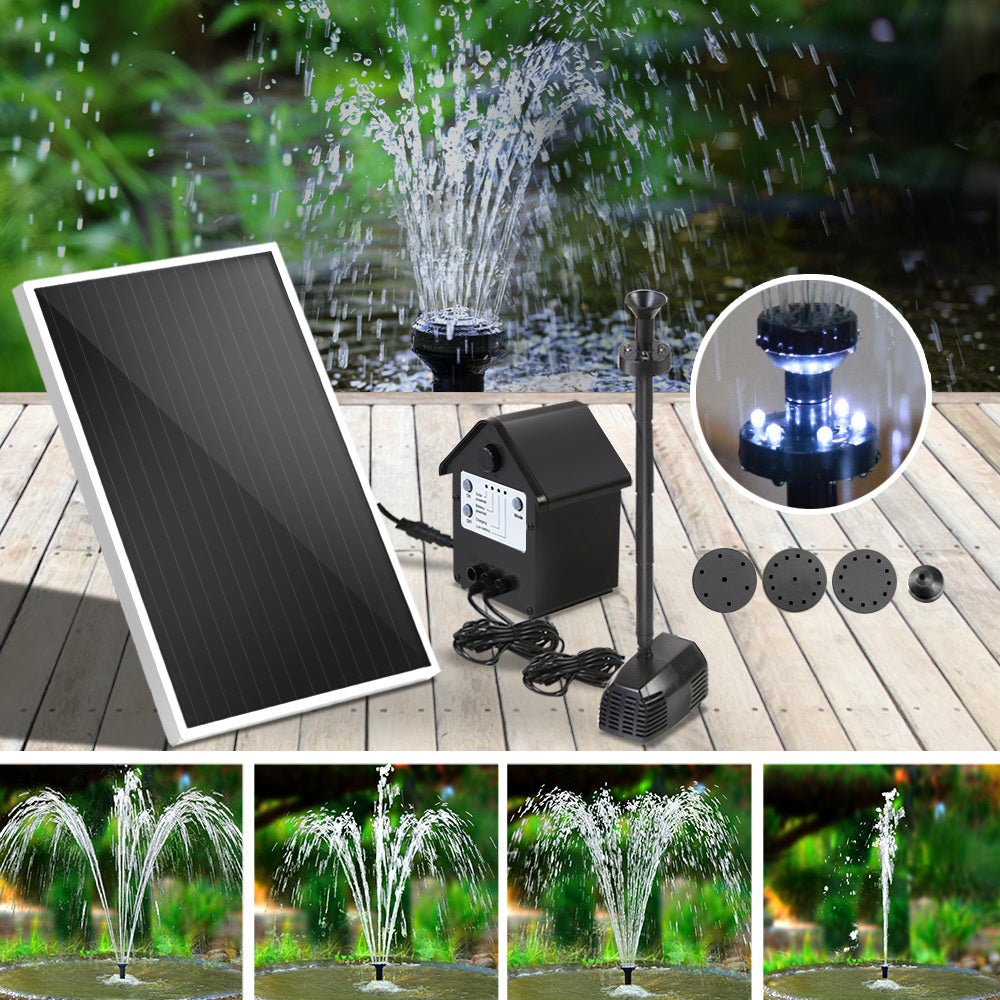 Gardeon Solar Pond Pump Fountain with solar panel and water feature in a garden setting, showcasing its elegant design and functionality.