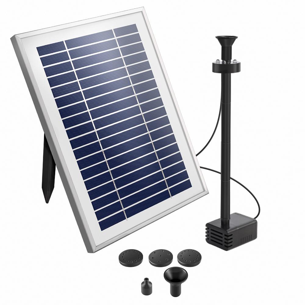Gardeon Solar Pond Pump with Battery Kit showcasing a beautiful garden fountain with water flowing and LED lights illuminating the scene.