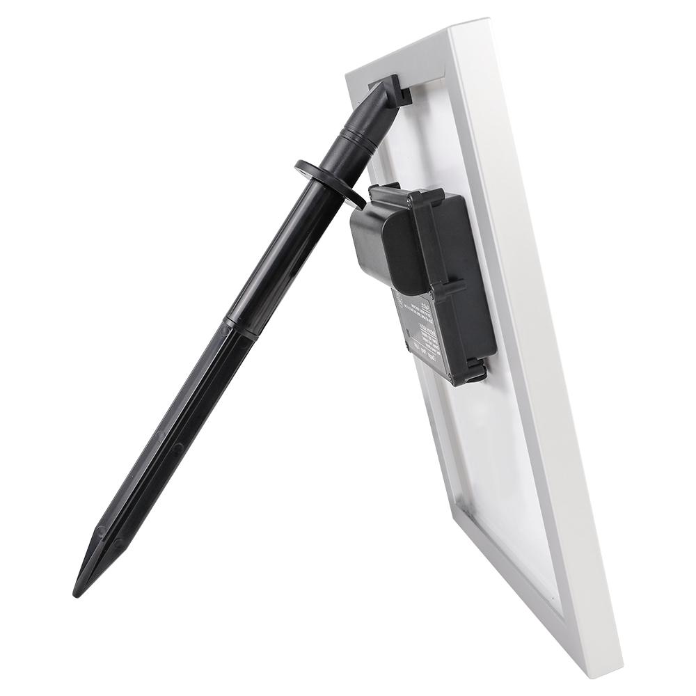 Gardeon Solar Pond Pump with Battery Kit showcasing a beautiful garden fountain with water flowing and LED lights illuminating the scene.