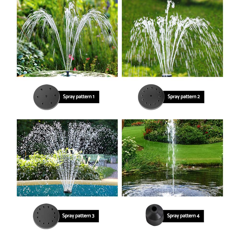 Gardeon Solar Pond Pump with Battery Kit showcasing a beautiful garden fountain with water flowing and LED lights illuminating the scene.