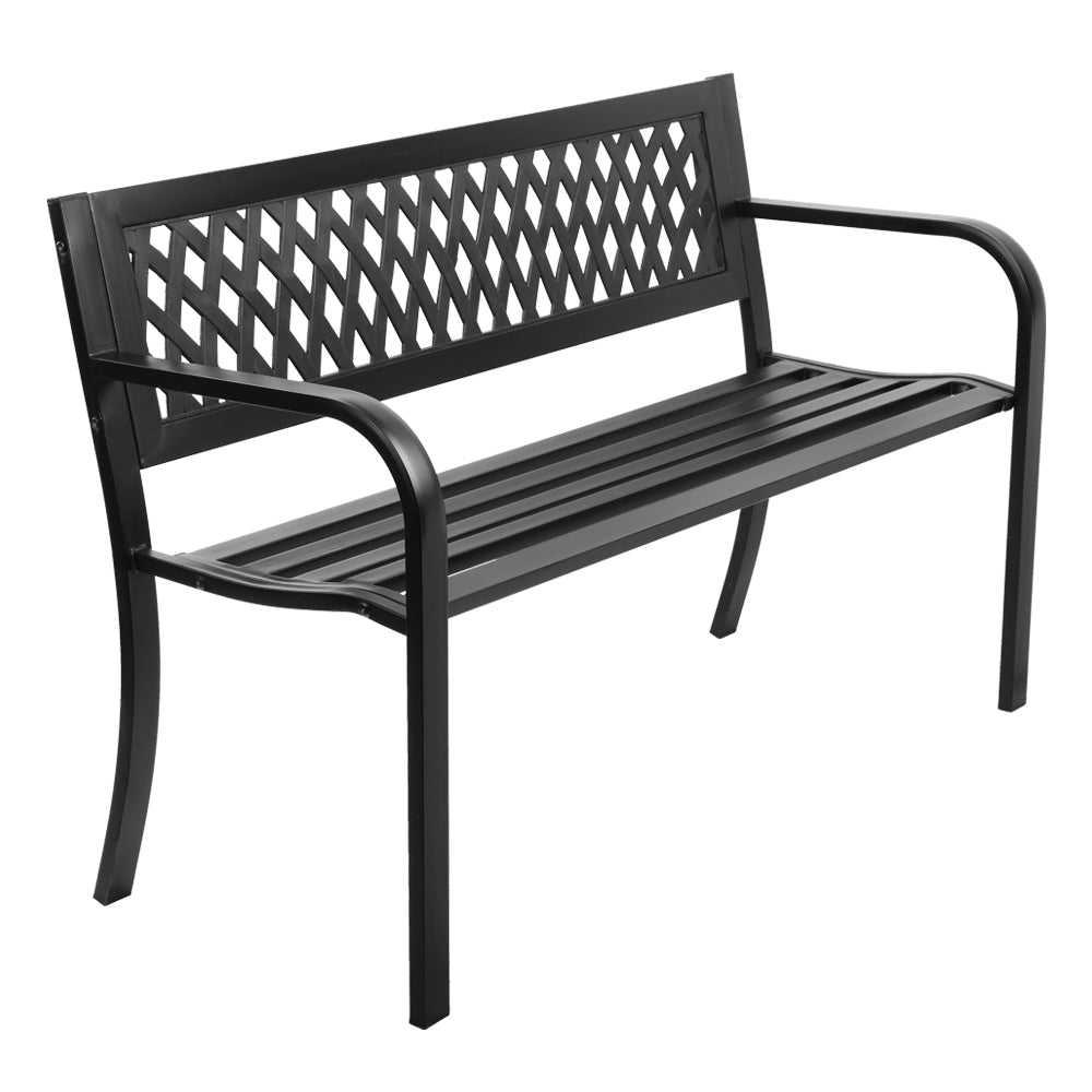 Gardeon Steel Modern Garden Bench in Black with stylish PVC mesh backrest, perfect for outdoor seating.