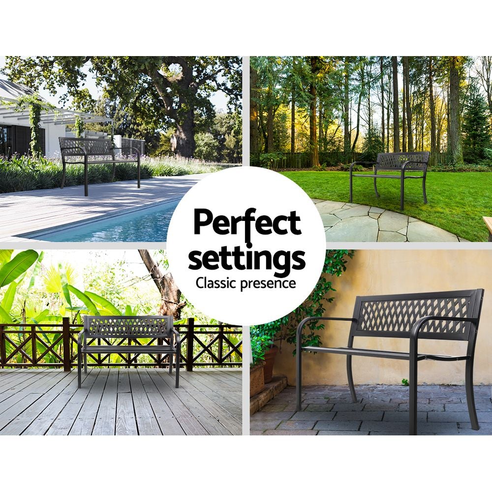 Gardeon Steel Modern Garden Bench in Black with stylish PVC mesh backrest, perfect for outdoor seating.