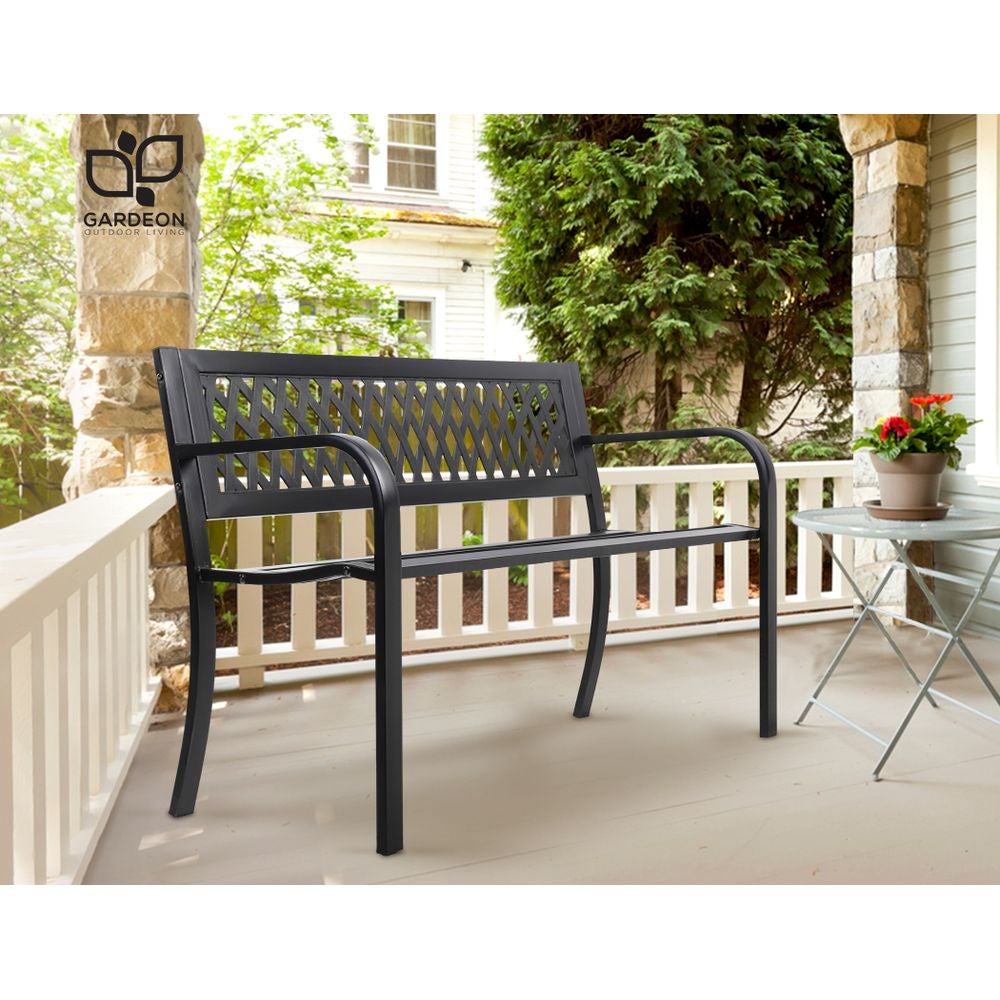 Gardeon Steel Modern Garden Bench in Black with stylish PVC mesh backrest, perfect for outdoor seating.