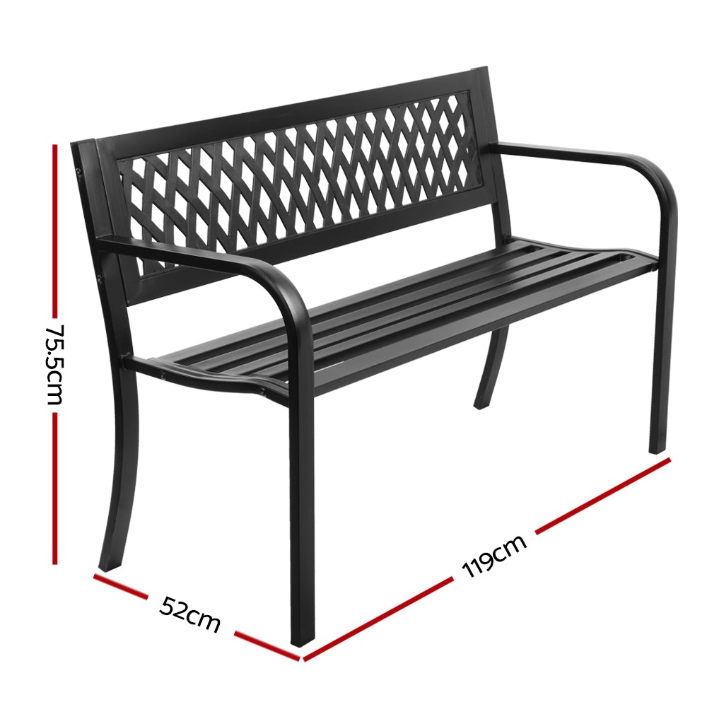 Gardeon Steel Modern Garden Bench in Black with stylish PVC mesh backrest, perfect for outdoor seating.