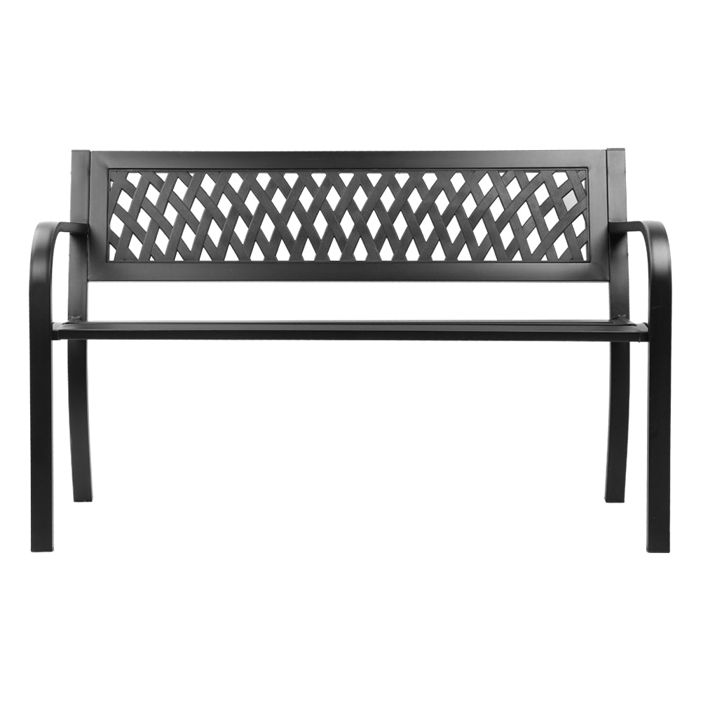 Gardeon Steel Modern Garden Bench in Black with stylish PVC mesh backrest, perfect for outdoor seating.