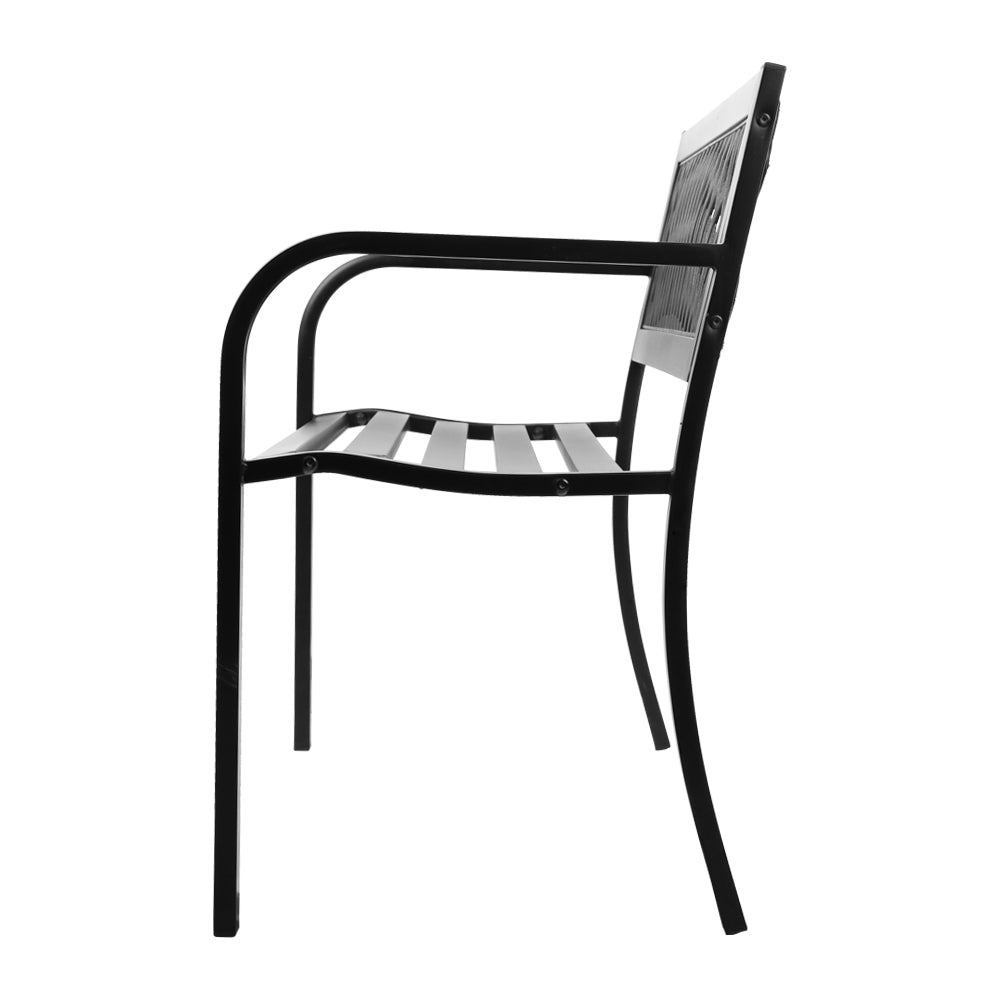 Gardeon Steel Modern Garden Bench in Black with stylish PVC mesh backrest, perfect for outdoor seating.