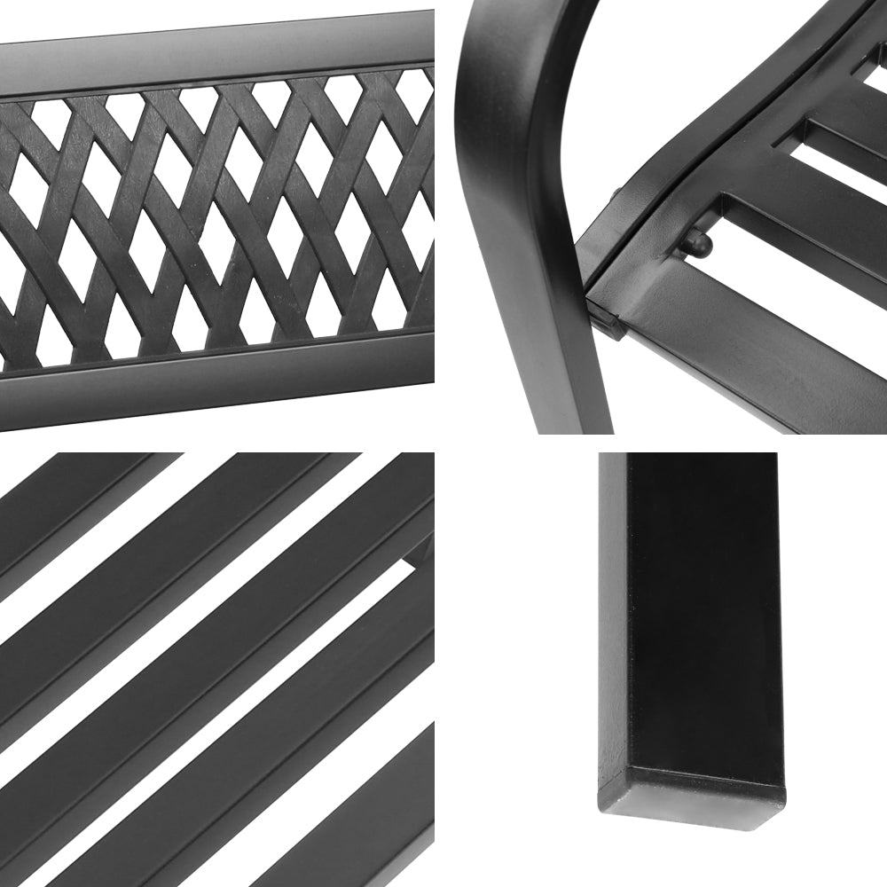 Gardeon Steel Modern Garden Bench in Black with stylish PVC mesh backrest, perfect for outdoor seating.