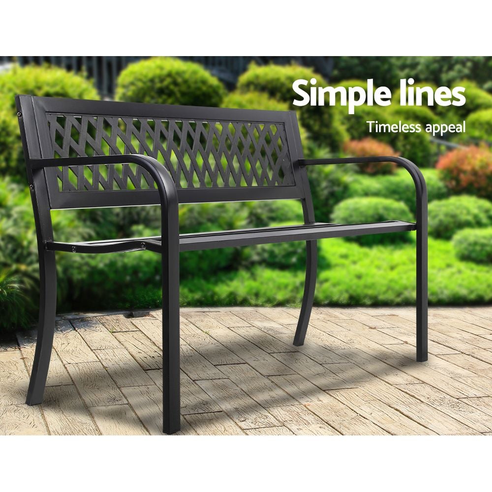 Gardeon Steel Modern Garden Bench in Black with stylish PVC mesh backrest, perfect for outdoor seating.