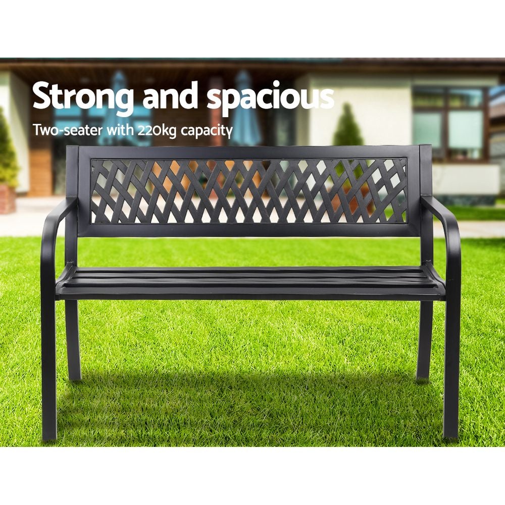 Gardeon Steel Modern Garden Bench in Black with stylish PVC mesh backrest, perfect for outdoor seating.