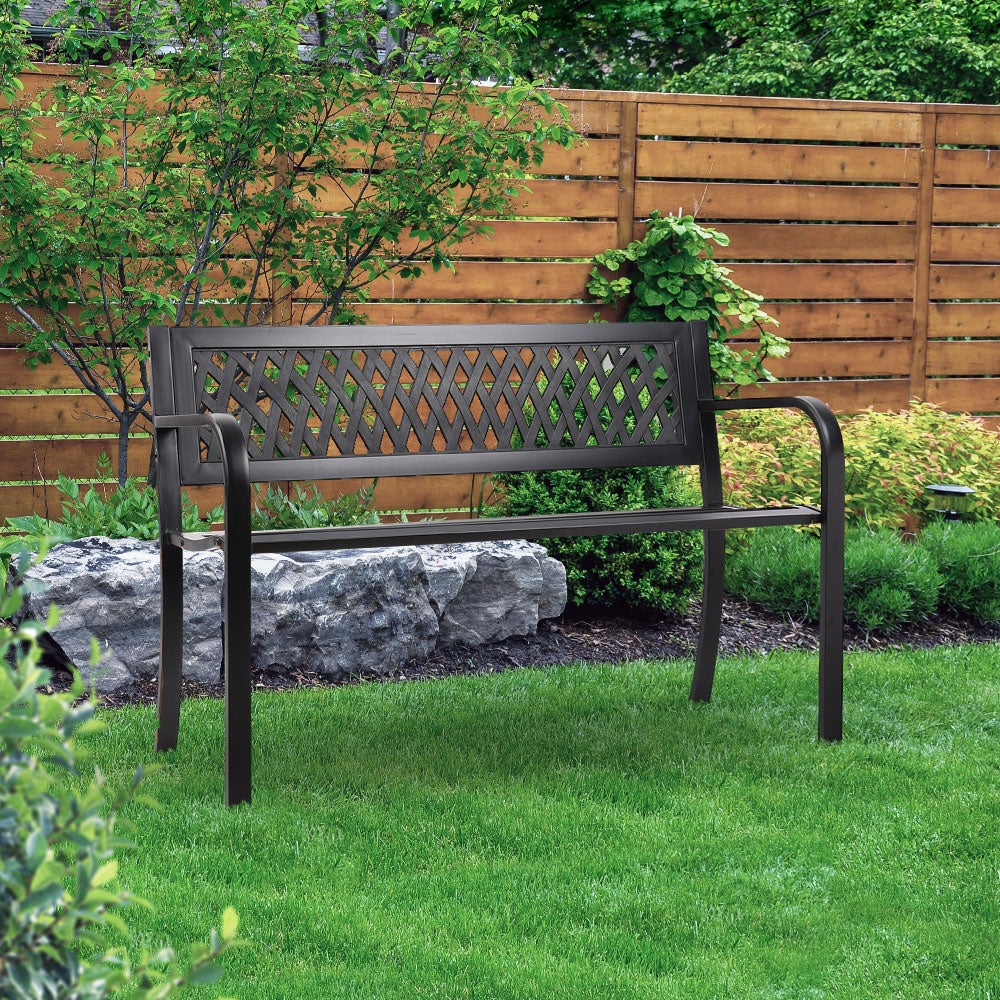 Gardeon Steel Modern Garden Bench in Black with stylish PVC mesh backrest, perfect for outdoor seating.