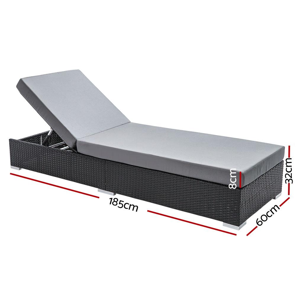 Gardeon Sun Lounge Wicker Lounger featuring adjustable back, thick cushions, and three color options for outdoor relaxation.