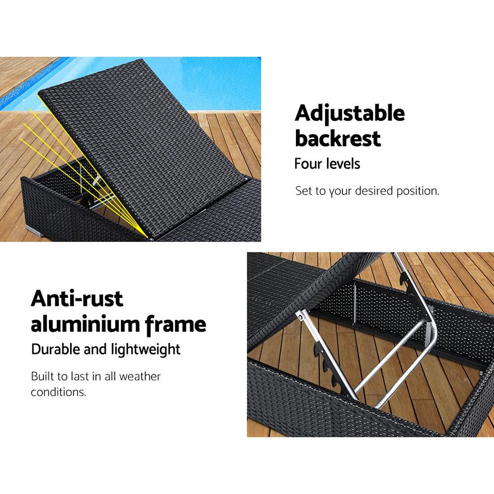 Gardeon Sun Lounge Wicker Lounger featuring adjustable back, thick cushions, and three color options for outdoor relaxation.