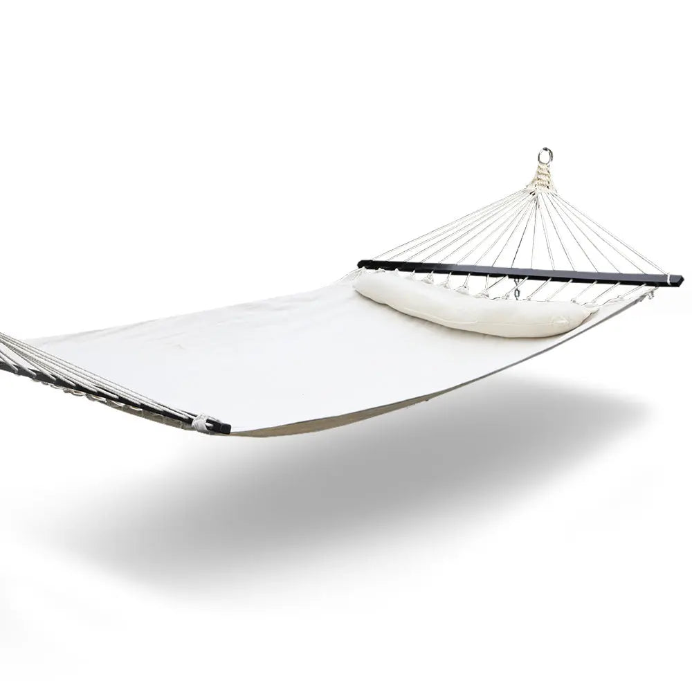 Gardeon Swing Double Hammock Bed in Cream, featuring smooth timber rails and a detachable soft pillow, perfect for indoor or outdoor relaxation.