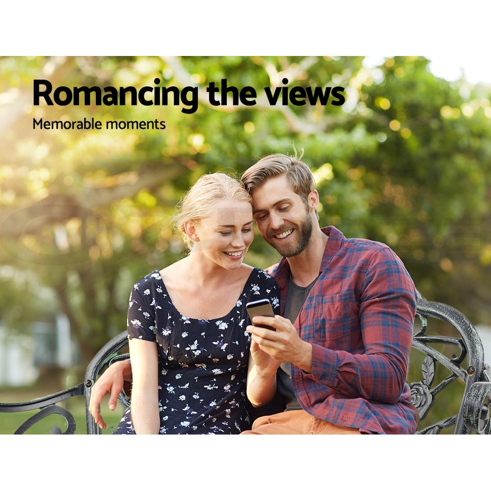 Gardeon Victorian Garden Bench in green with ornate floral design and sturdy cast iron legs, perfect for outdoor seating.