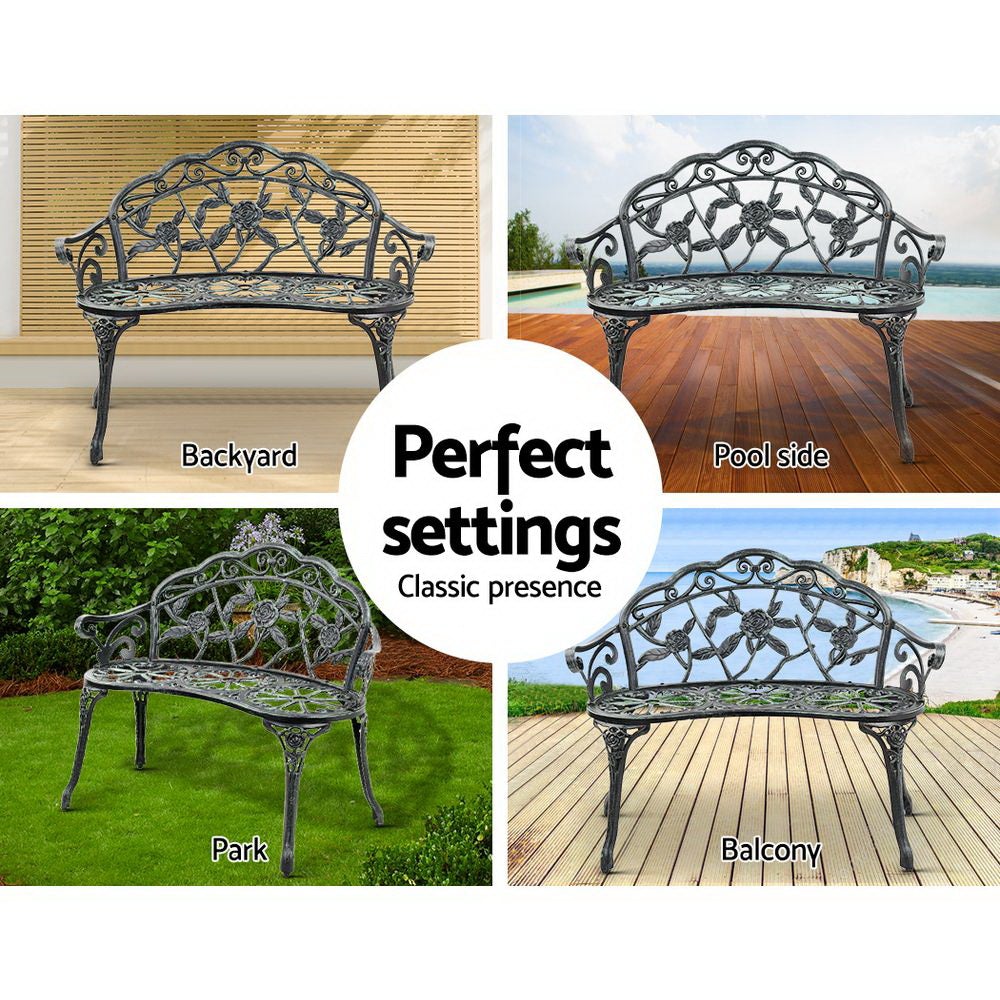 Gardeon Victorian Garden Bench in green with ornate floral design and sturdy cast iron legs, perfect for outdoor seating.