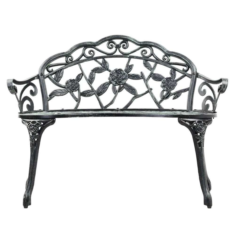 Gardeon Victorian Garden Bench in green with ornate floral design and sturdy cast iron legs, perfect for outdoor seating.