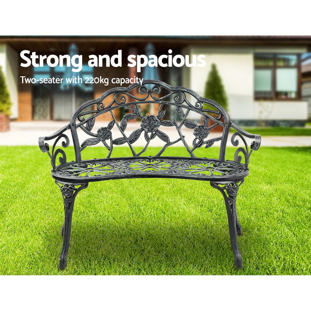 Gardeon Victorian Garden Bench in green with ornate floral design and sturdy cast iron legs, perfect for outdoor seating.
