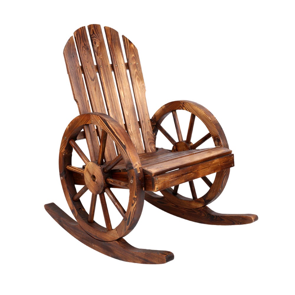 Gardeon Wagon Wheels Rocking Chair in brown, featuring rustic wagon-wheel armrests and a burnt wood finish, perfect for outdoor relaxation.