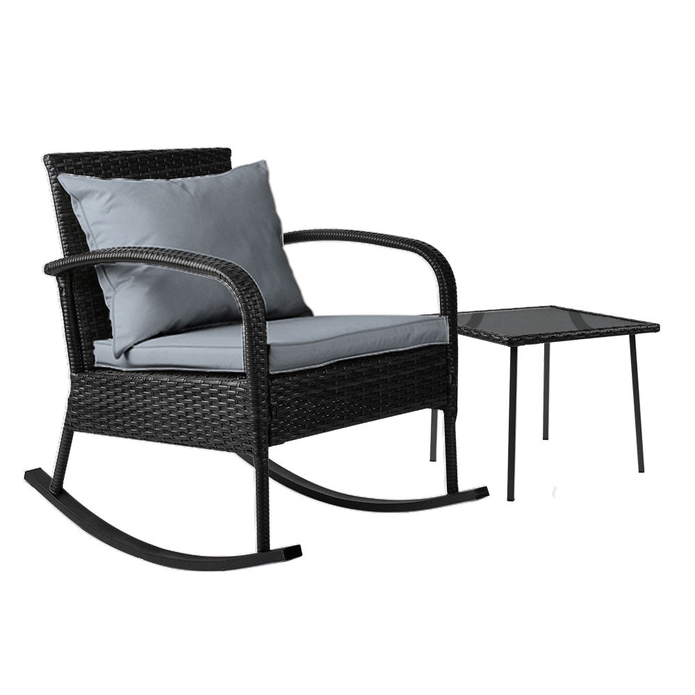 Gardeon Wicker Rocking Chairs Table Set featuring two rocking chairs with cushions and a tempered glass side table, perfect for outdoor relaxation.