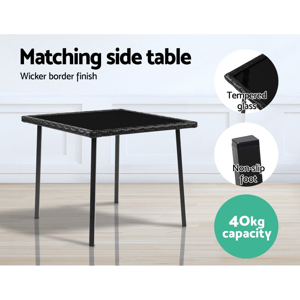 Gardeon Wicker Rocking Chairs Table Set featuring two rocking chairs with cushions and a tempered glass side table, perfect for outdoor relaxation.