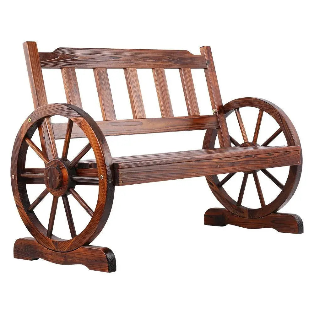 Gardeon Wooden Wagon Wheel Chair featuring rustic wagon wheel armrests and durable Canadian Fir wood design, perfect for outdoor seating.