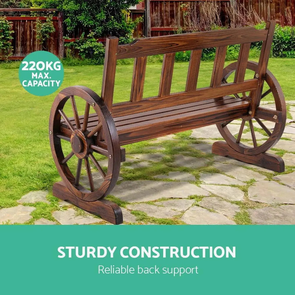 Gardeon Wooden Wagon Wheel Chair featuring rustic wagon wheel armrests and durable Canadian Fir wood design, perfect for outdoor seating.