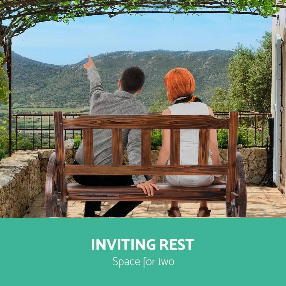 Gardeon Wooden Wagon Wheel Chair featuring rustic wagon wheel armrests and durable Canadian Fir wood design, perfect for outdoor seating.