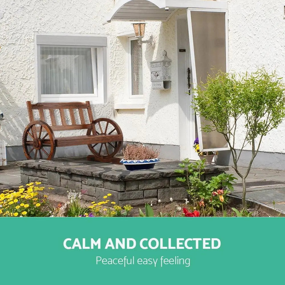 Gardeon Wooden Wagon Wheel Chair featuring rustic wagon wheel armrests and durable Canadian Fir wood design, perfect for outdoor seating.