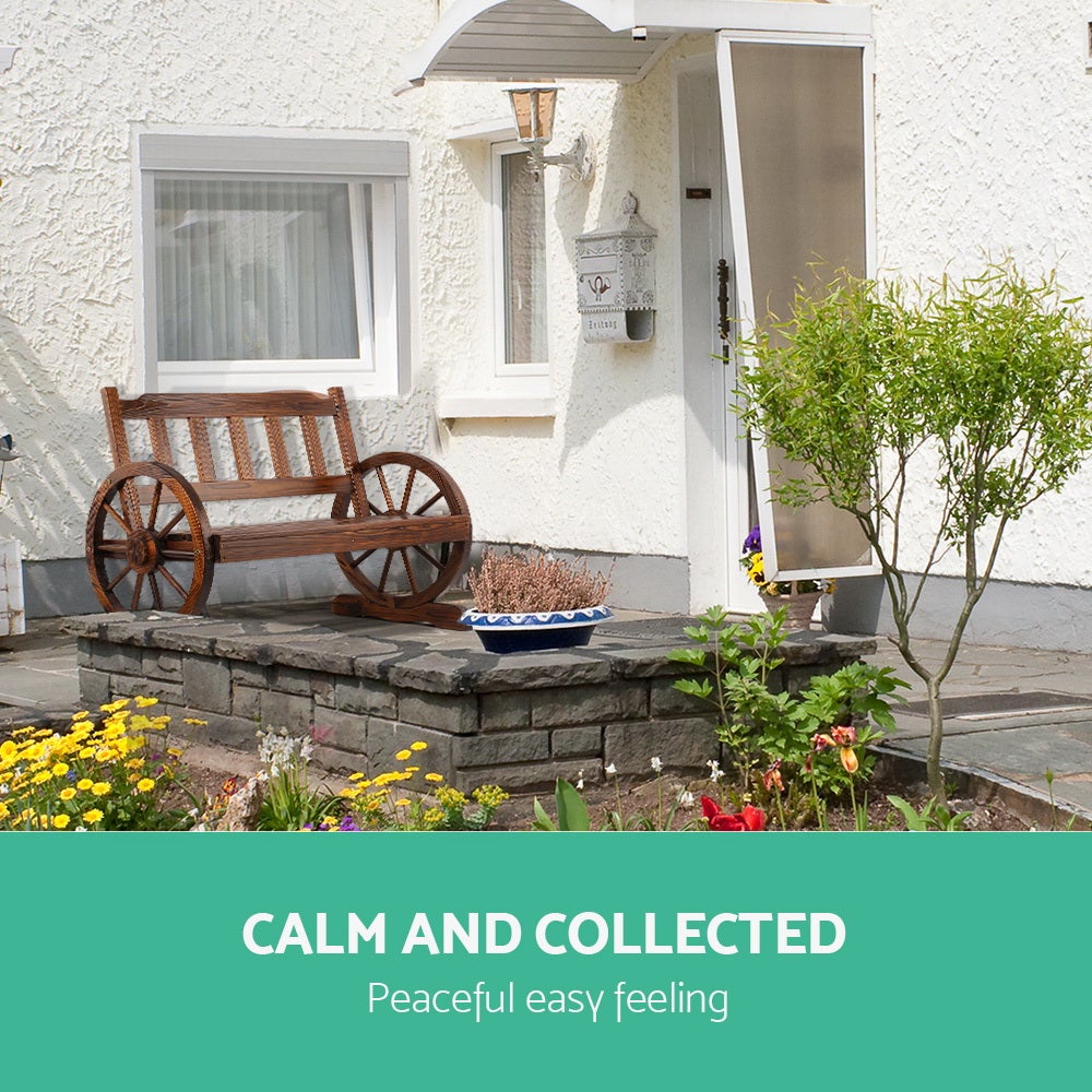 Gardeon Wooden Wagon Wheel Chair featuring rustic wagon wheel armrests and durable Canadian Fir wood design, perfect for outdoor seating.