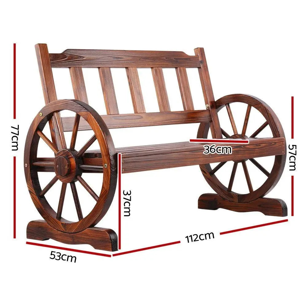 Gardeon Wooden Wagon Wheel Chair featuring rustic wagon wheel armrests and durable Canadian Fir wood design, perfect for outdoor seating.
