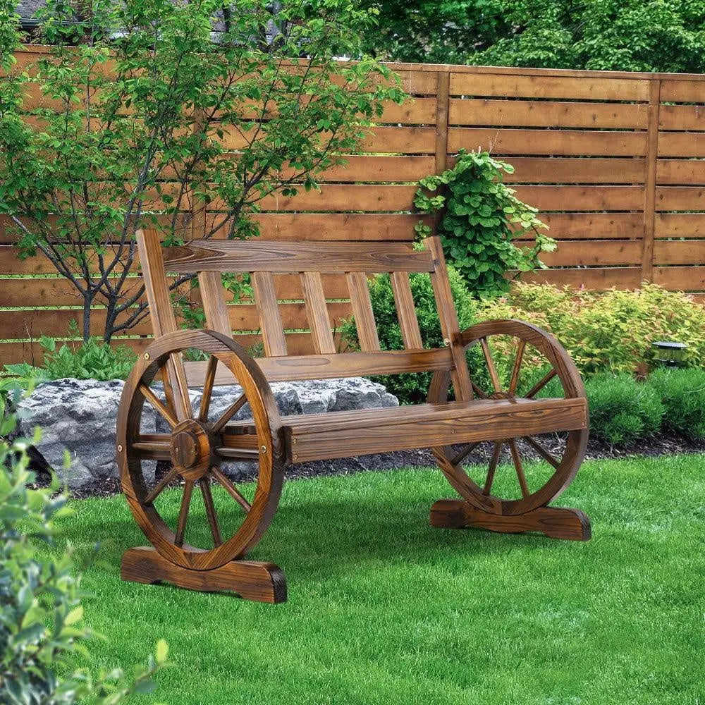Gardeon Wooden Wagon Wheel Chair featuring rustic wagon wheel armrests and durable Canadian Fir wood design, perfect for outdoor seating.