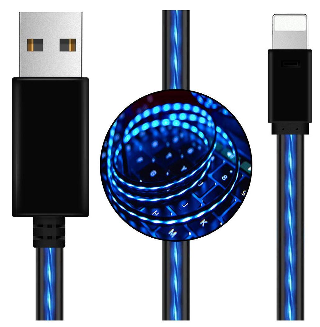 1m LED Light Up USB Lightning Data Sync cable with illuminated design, compatible with iPhones, iPads, and iPods.