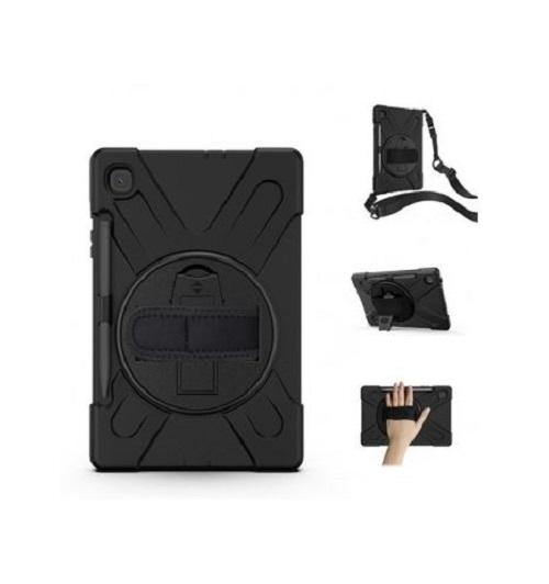 Generic Samsung Galaxy Tab S6 Lite Rugged Black Case showcasing its shockproof design, removable kickstand, and 360° rotatable hand strap.