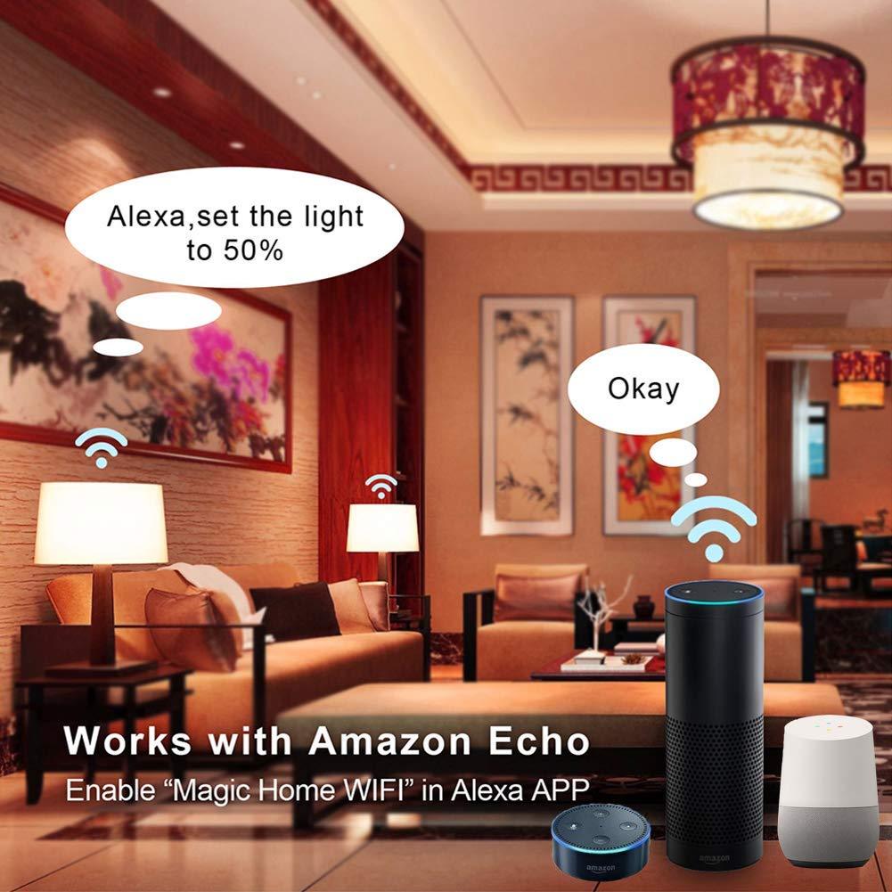 Genie Smart LED Candelabra Bulb E12 with vibrant colors and remote control features, compatible with Google Home and Alexa.