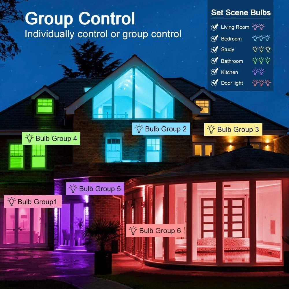 Genie Smart LED Candelabra Bulb E12 with vibrant colors and remote control features, compatible with Google Home and Alexa.