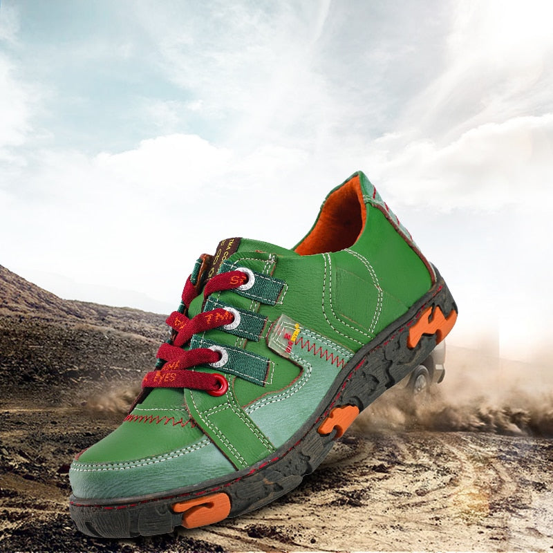 Genuine Leather Women's Flat Sneaker Shoes in stylish British design, featuring lace-up closure and round toe, perfect for outdoor activities.