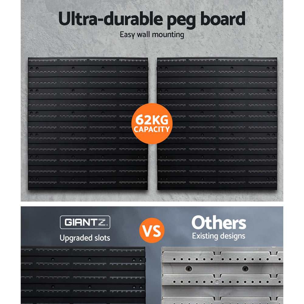 Giantz 108 Storage Bin Rack featuring four peg boards, tool shelves, and removable tool holders, designed for efficient garage organization.