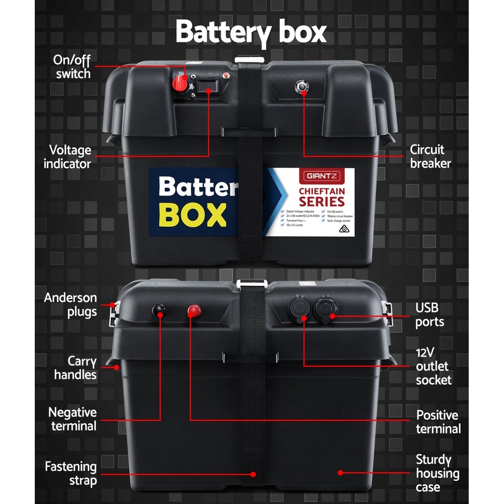 Giantz 100Ah Deep Cycle Battery and Battery Box with USB ports and cigarette lighter socket, designed for outdoor and marine use.