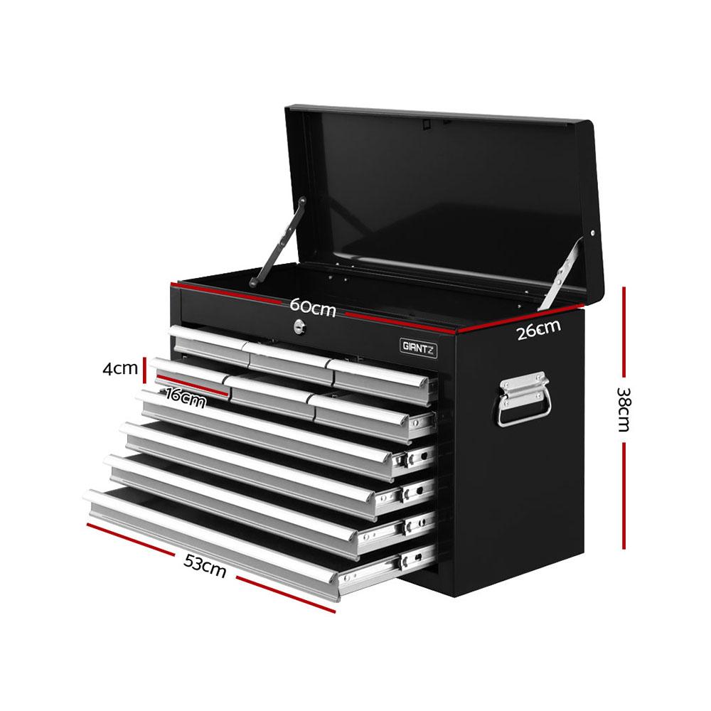 Giantz 10-Drawer Tool Box Chest Cabinet in black, showcasing its spacious drawers and sturdy design.