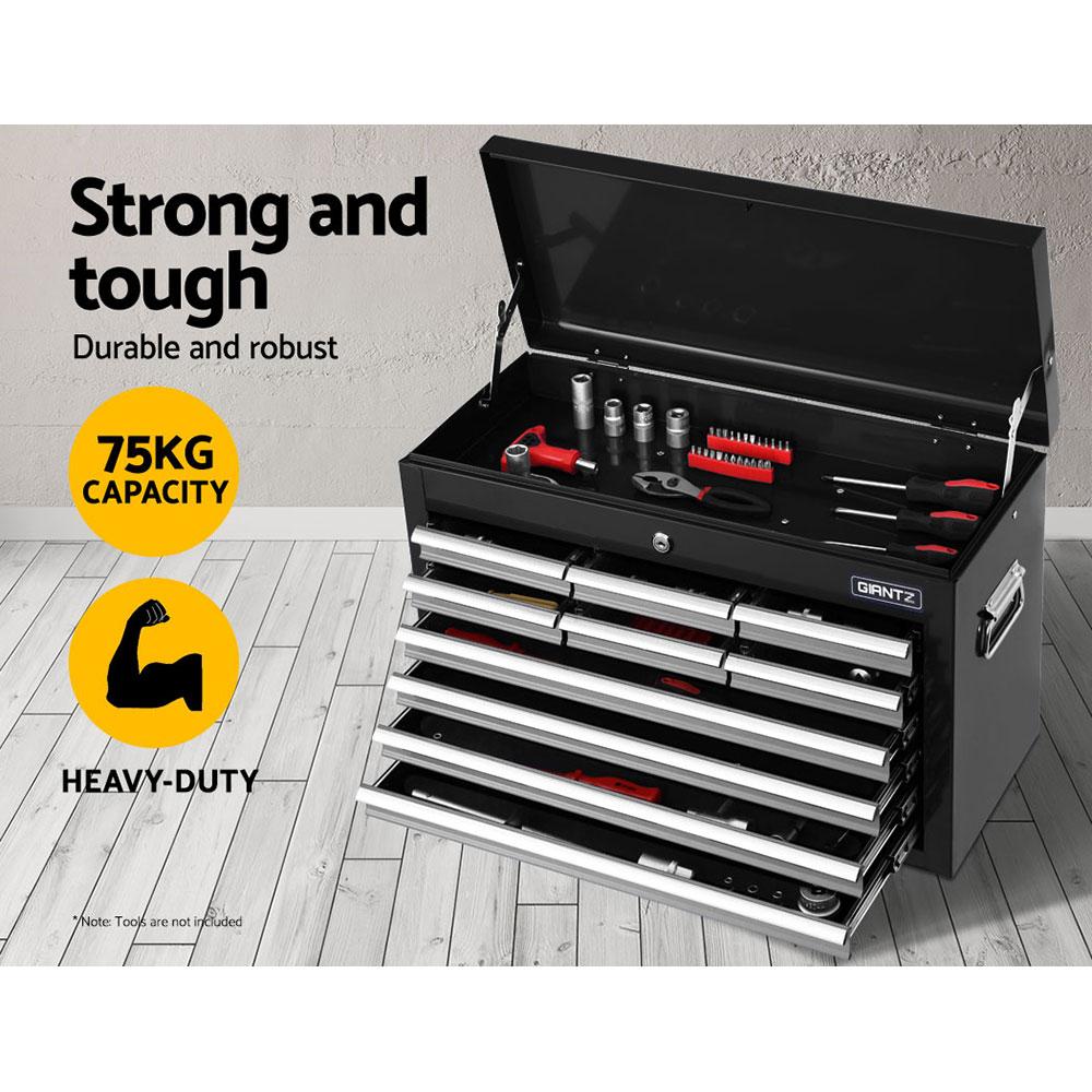 Giantz 10-Drawer Tool Box Chest Cabinet in black, showcasing its spacious drawers and sturdy design.