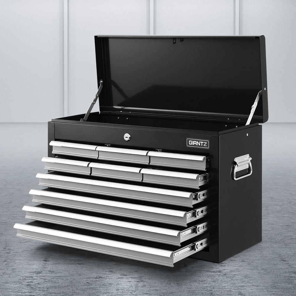 Giantz 10-Drawer Tool Box Chest Cabinet in black, showcasing its spacious drawers and sturdy design.