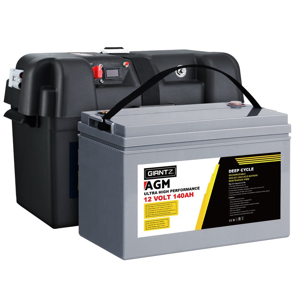 Giantz 140Ah Deep Cycle Battery with Battery Box, showcasing its robust design and features for marine and outdoor use.