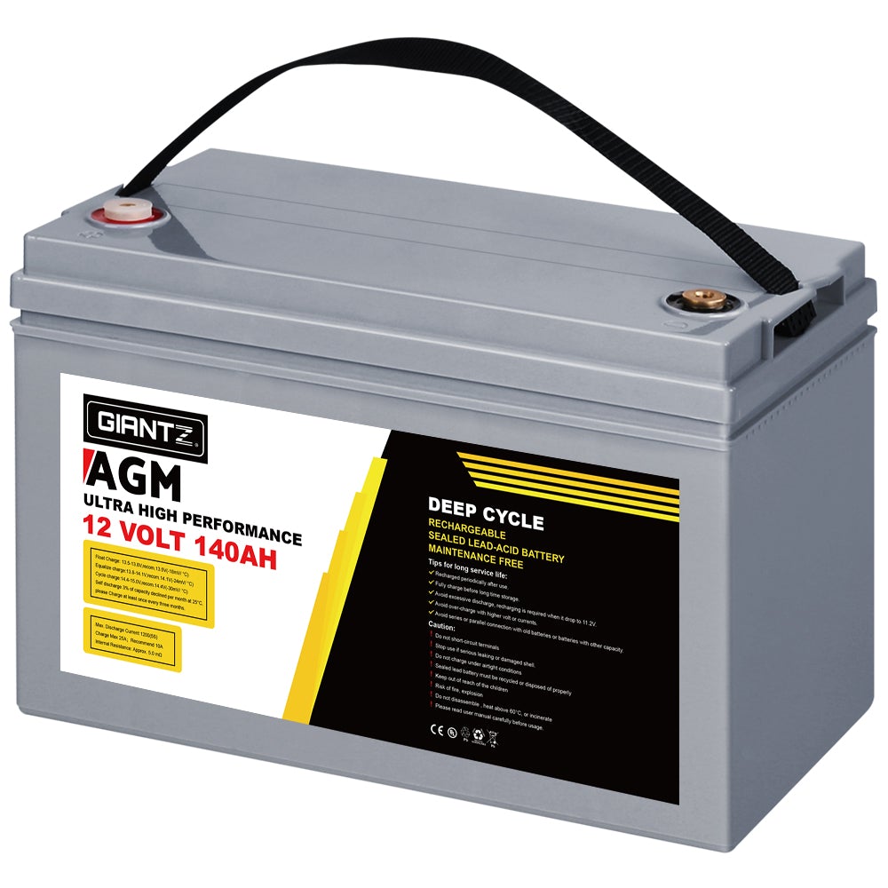 Giantz 140Ah Deep Cycle Battery with Battery Box, showcasing its robust design and features for marine and outdoor use.